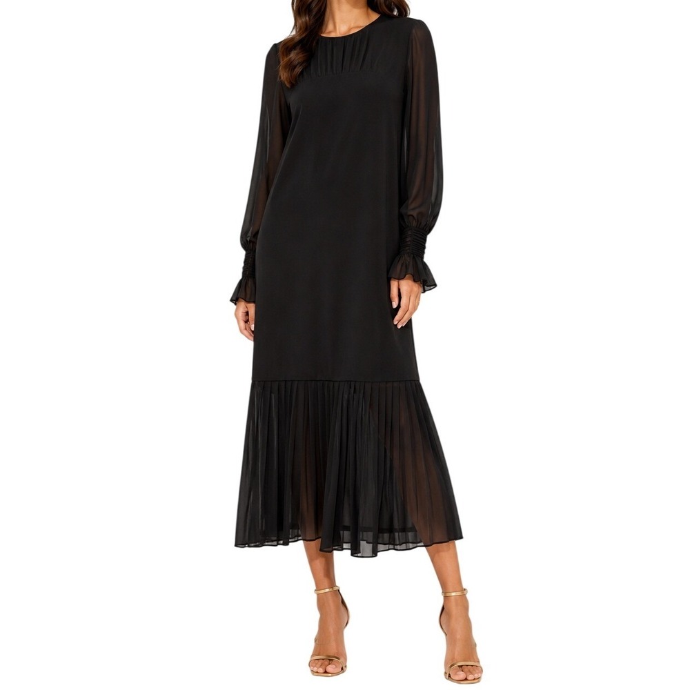 Tuckernuck Black Pleated Hem Midi Lorraine Dress Sheer Sleeve Occasion Dress 12